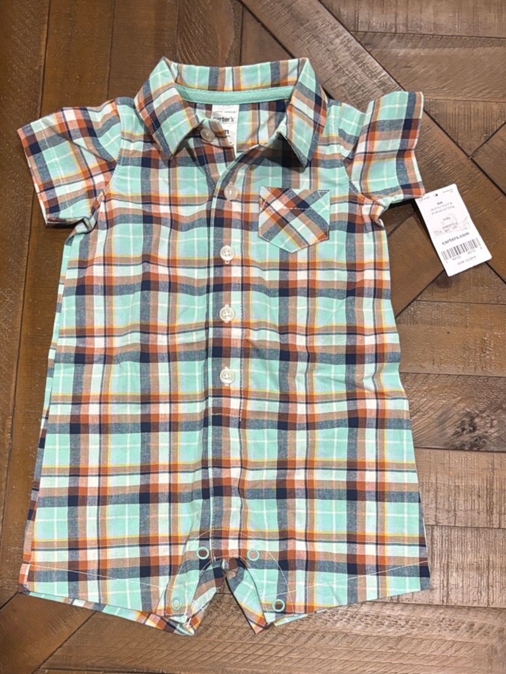 Carter's Mint Green, Orange & Navy Plaid Button-Front Romper